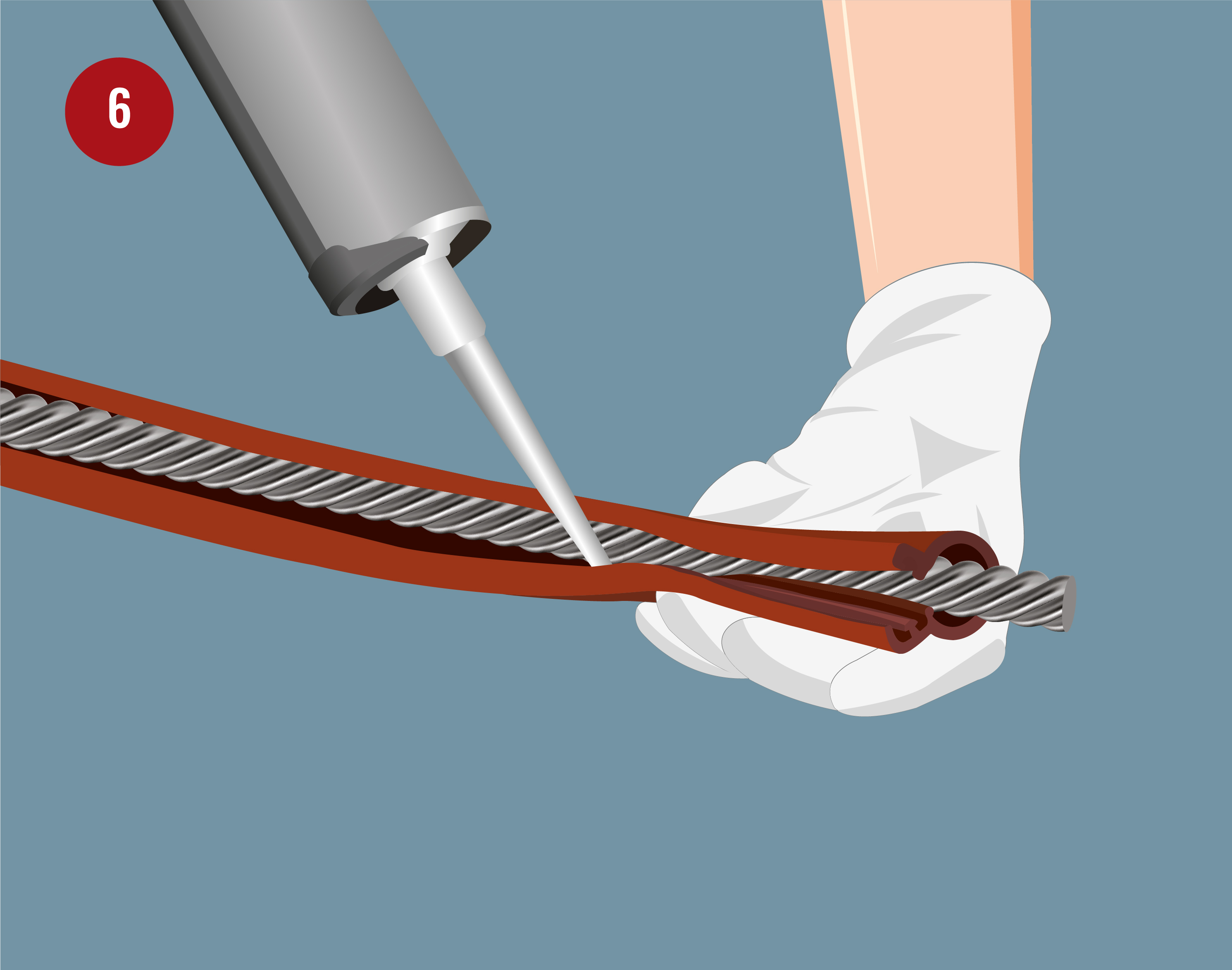 Step 6 of Centroid Polymer Technologies installation guide showing a person applying adhesive to the coiled product with a syringe, wearing gloves